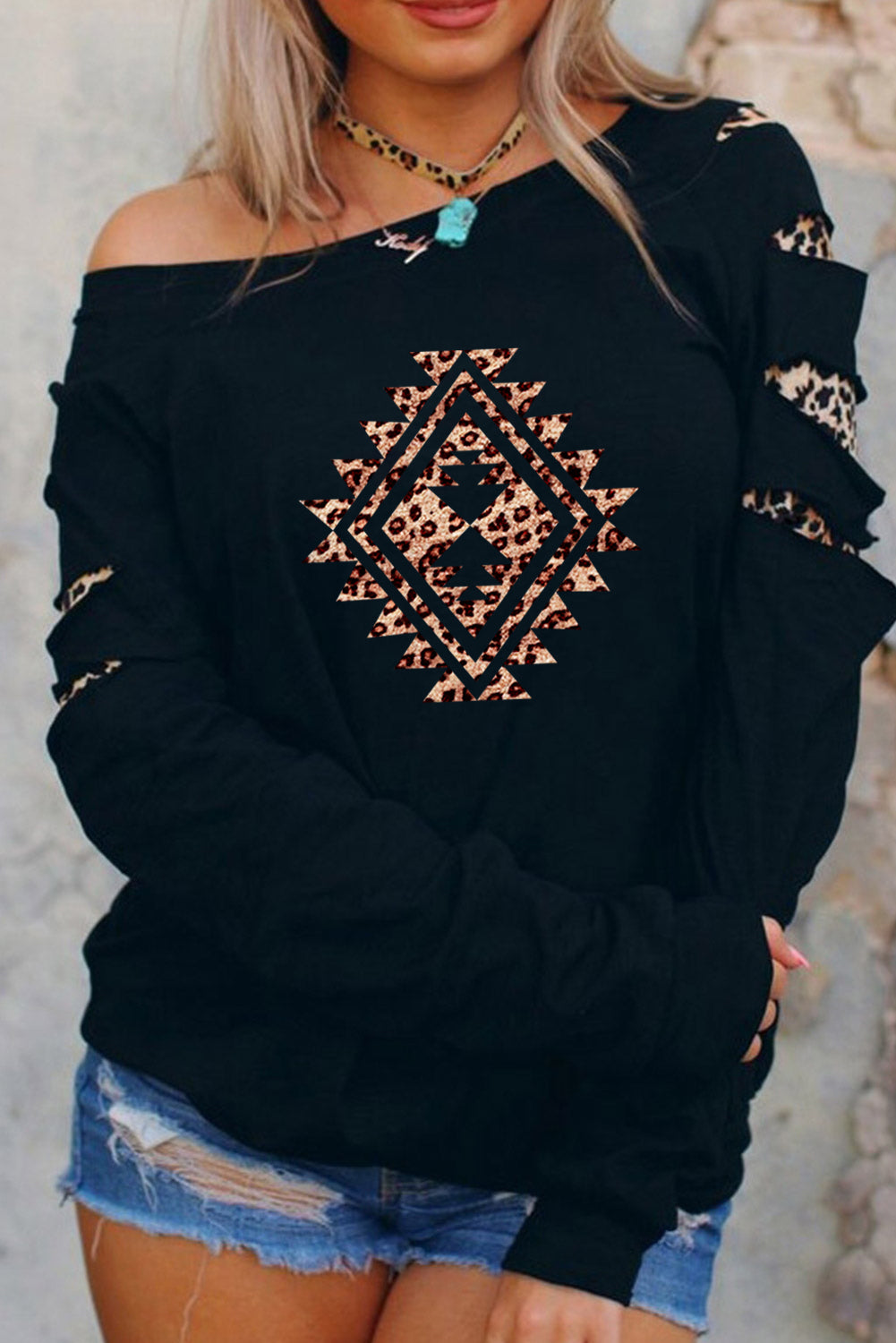 American Cactus Ripped Leopard Sleeve Top
