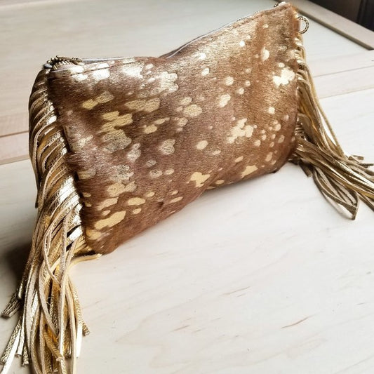 Tan and Gold Hair on Hide Leather Clutch Handbag