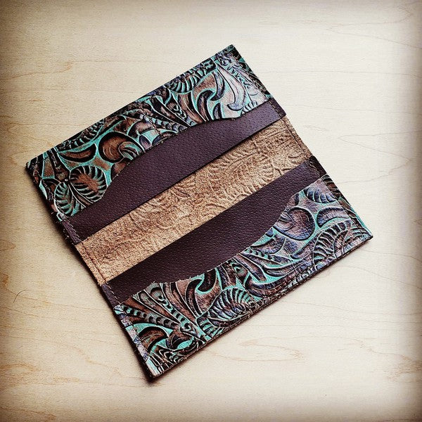 Embossed Leather Wallet in Turquoise Brown Floral