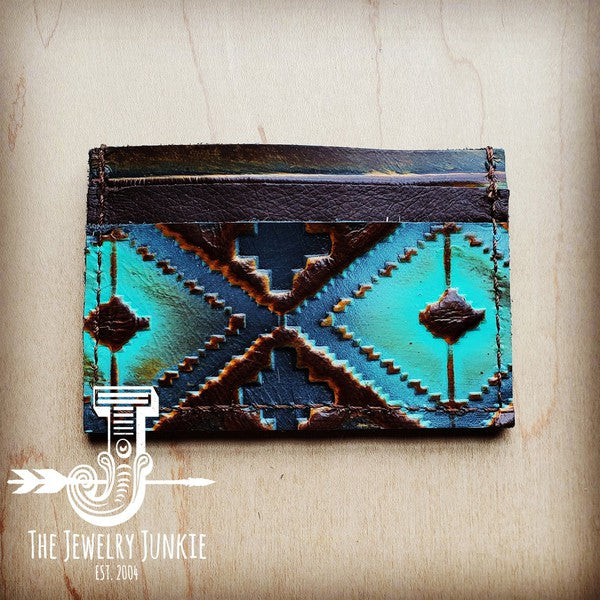 Leather Credit Card Holder Blue Navajo