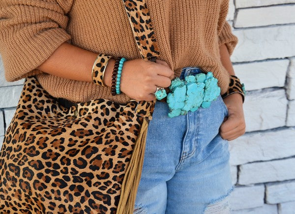 Tejas Leather Bucket Leopard bag with Tan Fringe