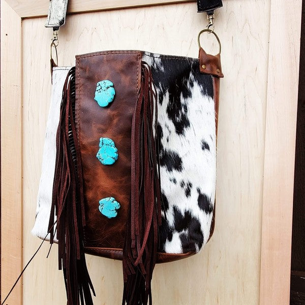Tejas Bucket Handbag Fringe & Turquoise Slabs