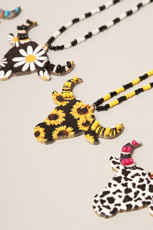 Wooden Bull Head Charm Necklace