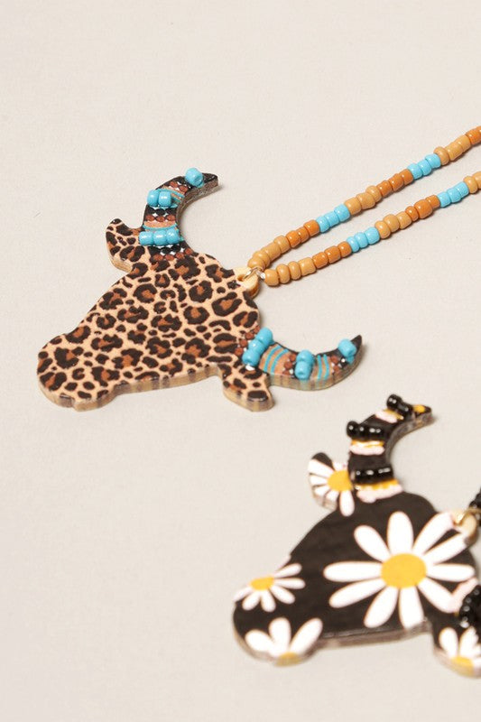 Wooden Bull Head Charm Necklace