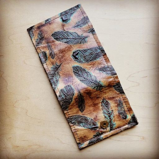 Tri Fold Leather Wallet Plumas Sepia Turquoise