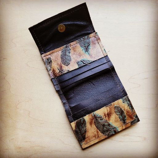 Tri Fold Leather Wallet Plumas Sepia Turquoise