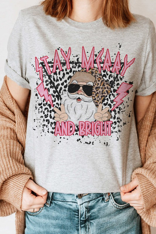 PLUS SIZE LEOPARD STAY MERRY AND BRIGHT SANTA TEE