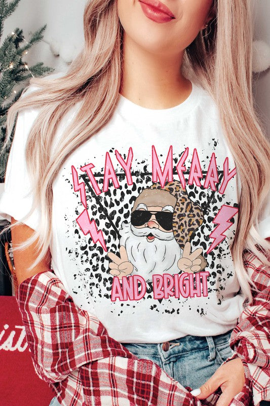 PLUS SIZE LEOPARD STAY MERRY AND BRIGHT SANTA TEE
