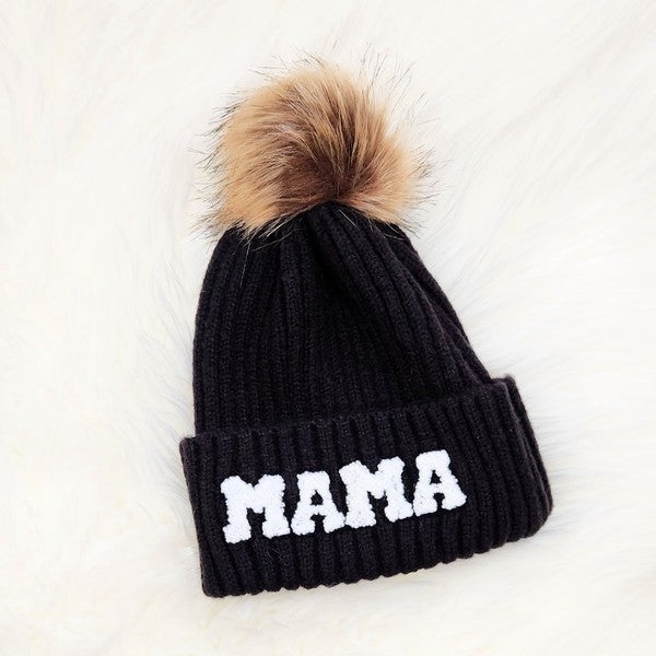 Mama Chenille Patch Faux Fur Pom Beanie Cap