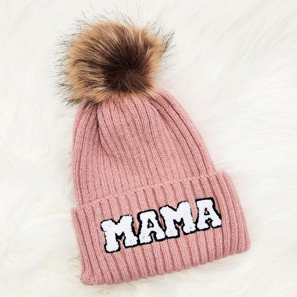 Mama Chenille Patch Faux Fur Pom Beanie Cap