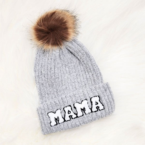 Mama Chenille Patch Faux Fur Pom Beanie Cap