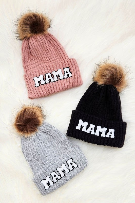 Mama Chenille Patch Faux Fur Pom Beanie Cap
