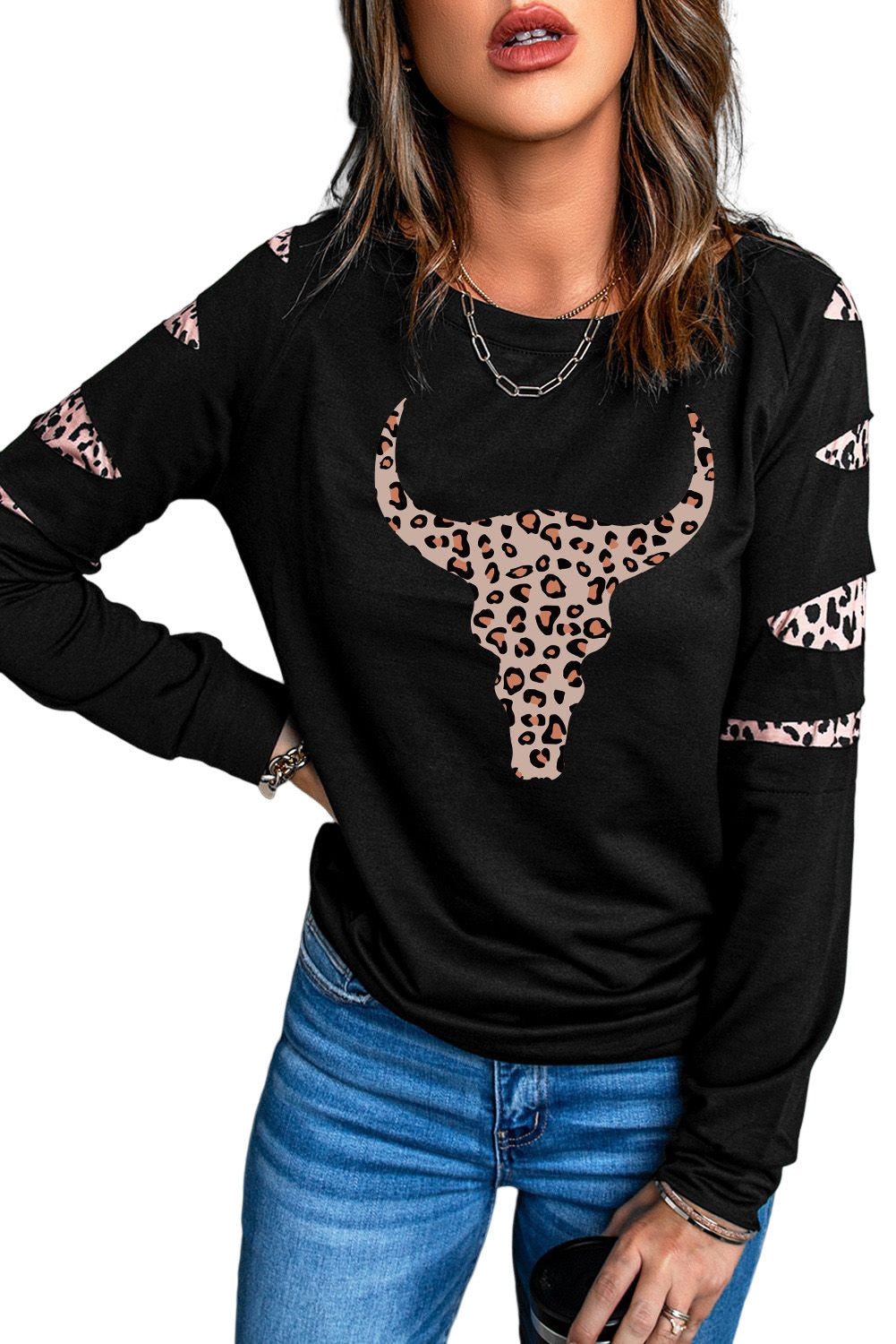 American Cactus Ripped Leopard Sleeve Top