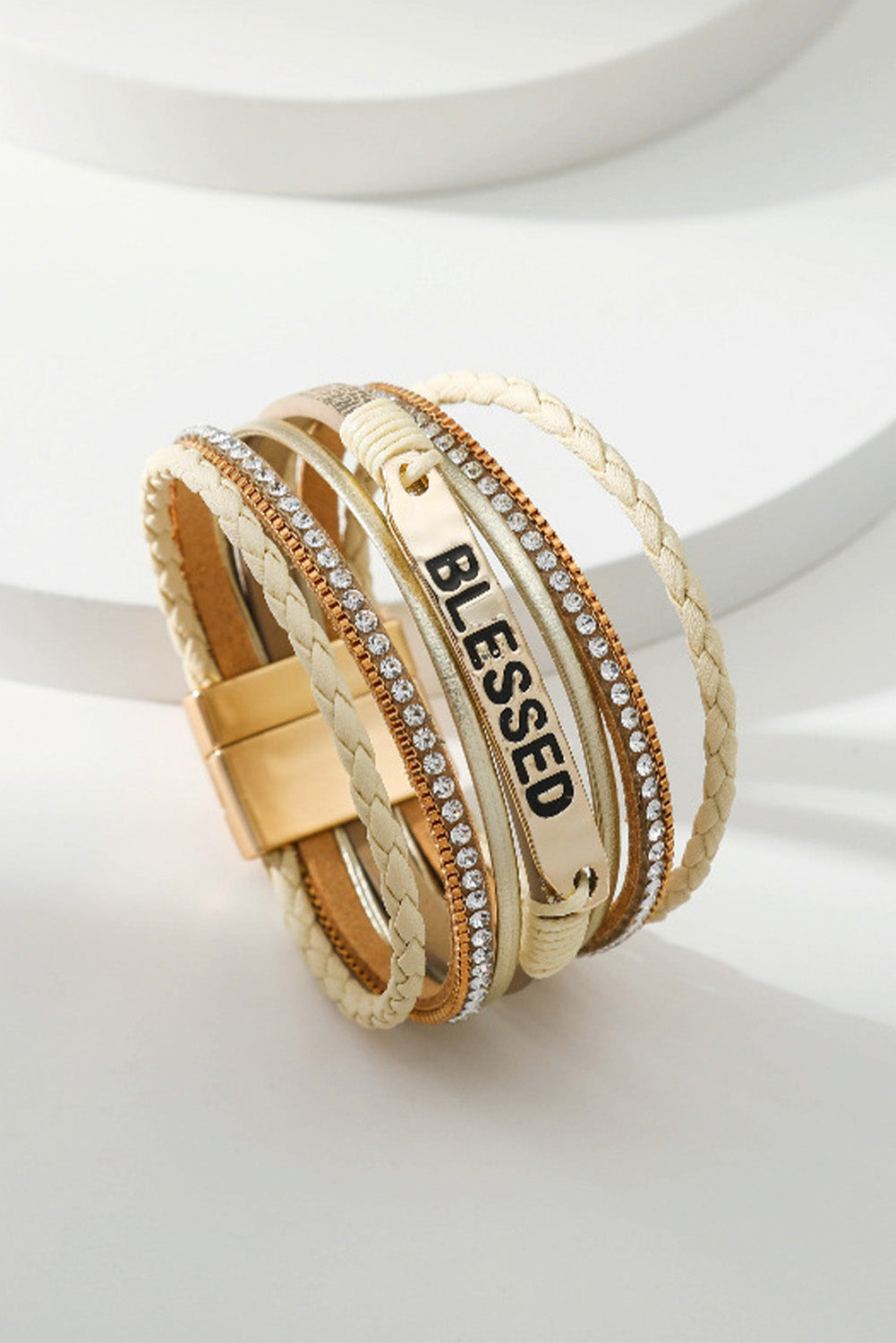 BLESSED Rhinestone Leather Layered Bracelet