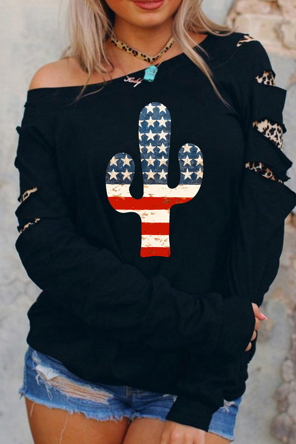 American Cactus Ripped Leopard Sleeve Top