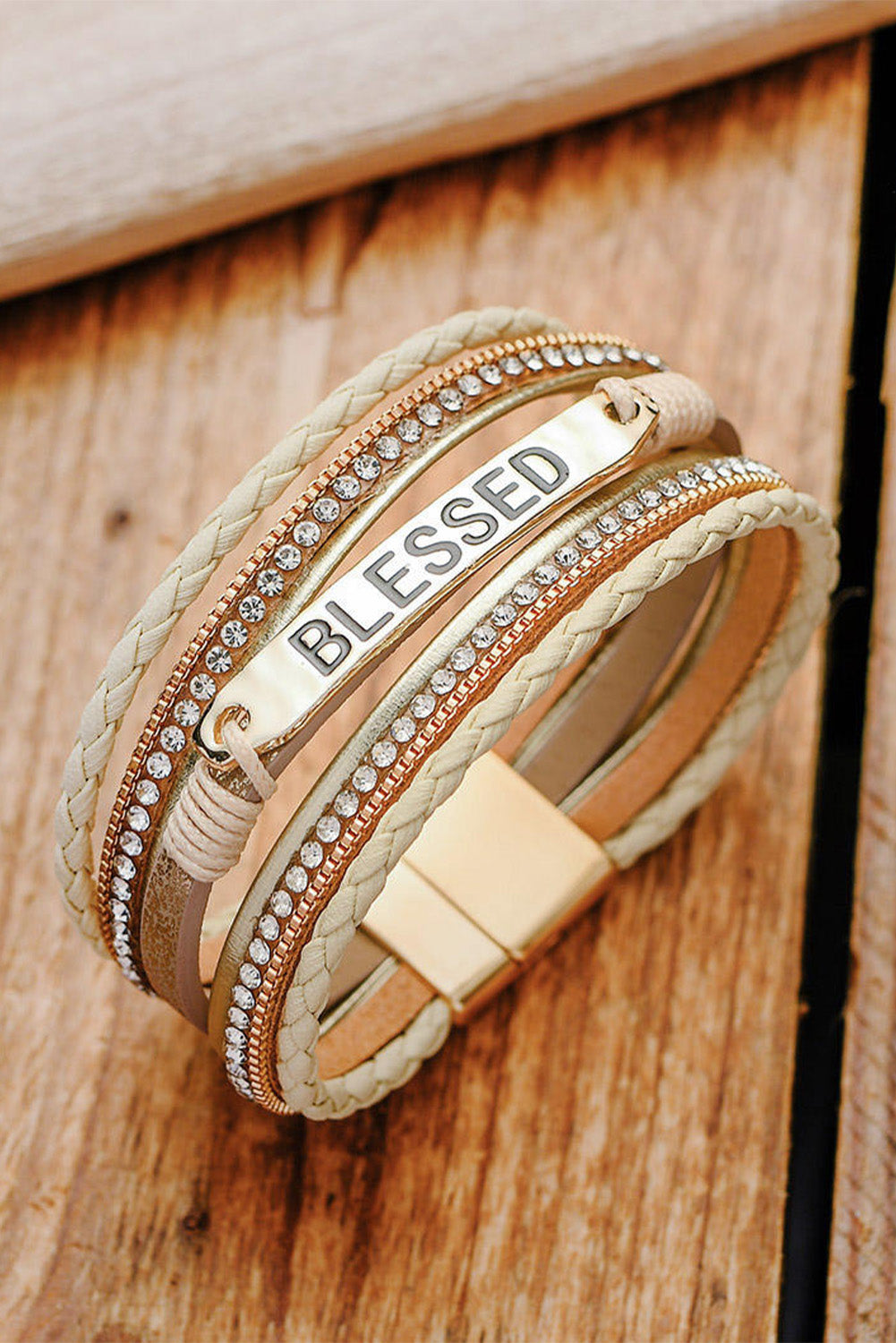 BLESSED Rhinestone Leather Layered Bracelet