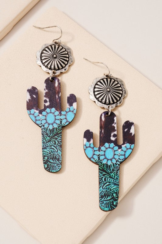Western Cactus Wood Dangling Earrings