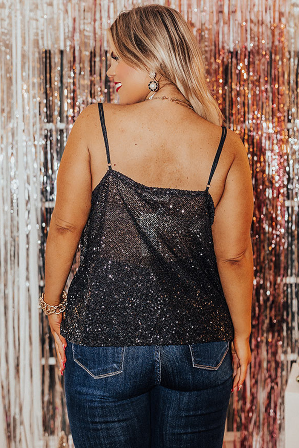 Black Plus Size Drape Neck Sequin Tank Top