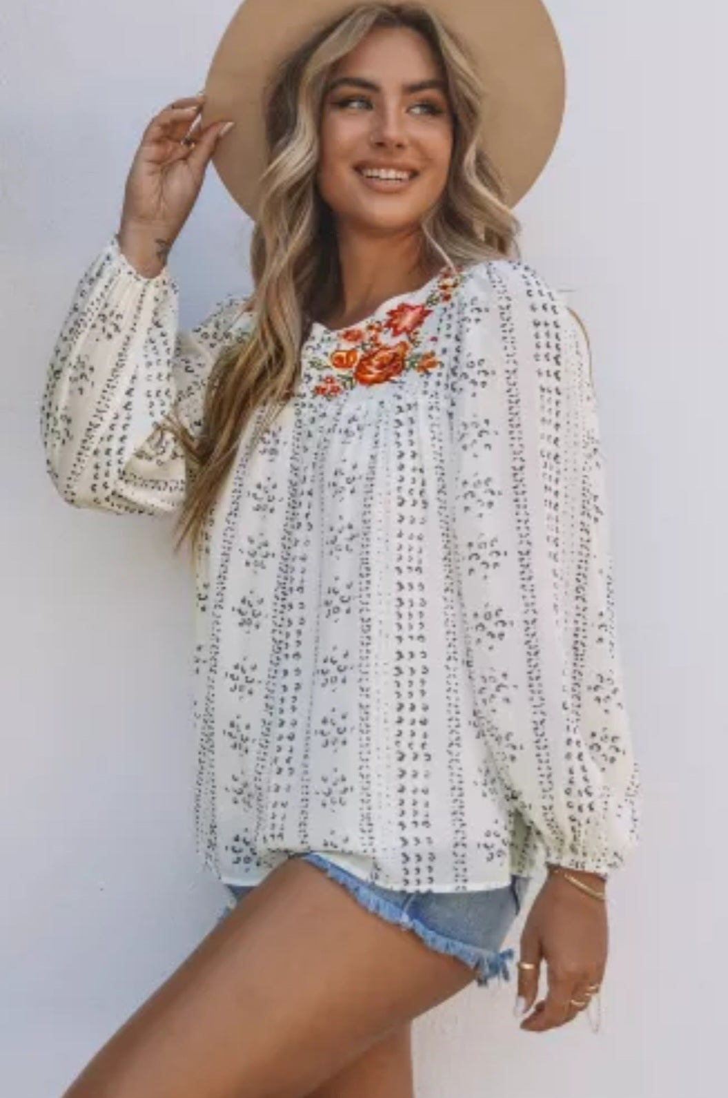 Beige Long Sleeve Embroidered Print Blouse