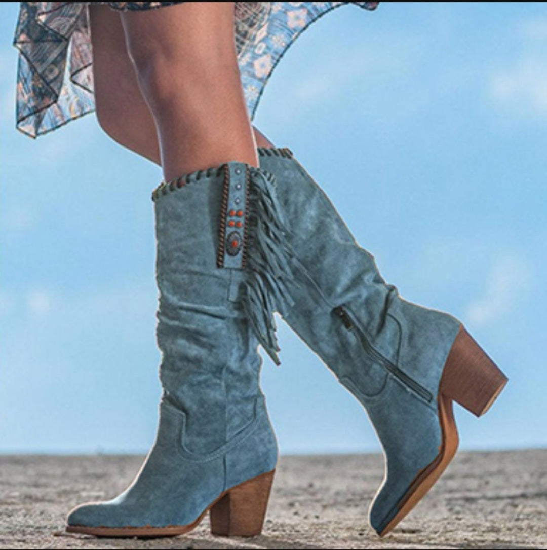 Women's Suede Cowboy Boots - Fringe Trim / Turquoise Stones