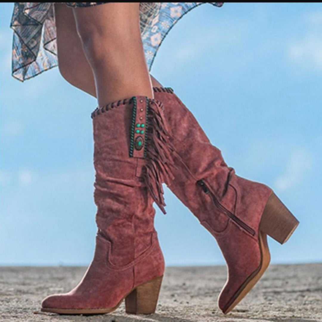 Women's Suede Cowboy Boots - Fringe Trim / Turquoise Stones