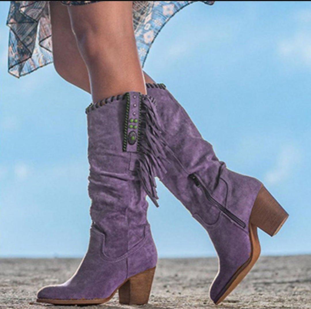 Women's Suede Cowboy Boots - Fringe Trim / Turquoise Stones