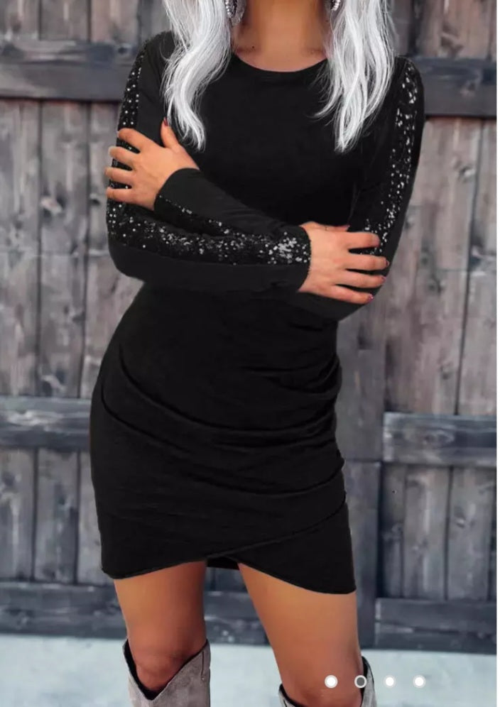 Wrap Glitter Ruched O-Neck Bodycon Dress