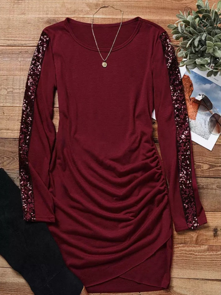 Wrap Glitter Ruched O-Neck Bodycon Dress
