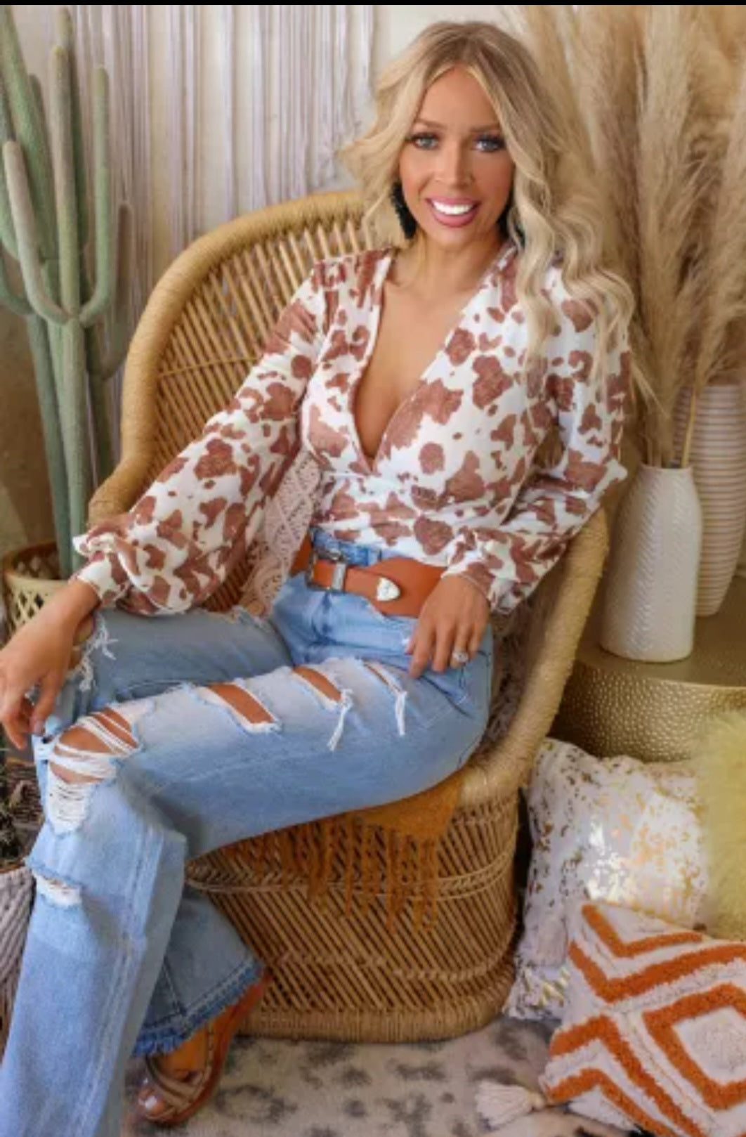 White Cow Print Deep V Neck Long Sleeve Bodysuit