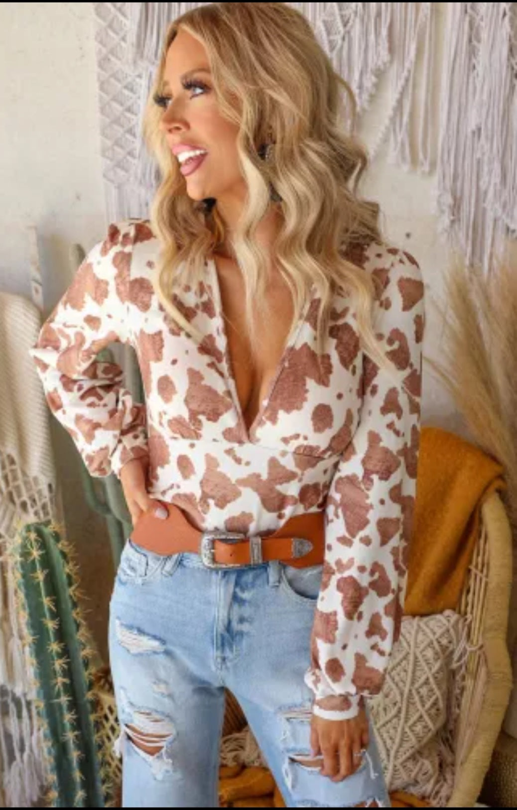 White Cow Print Deep V Neck Long Sleeve Bodysuit