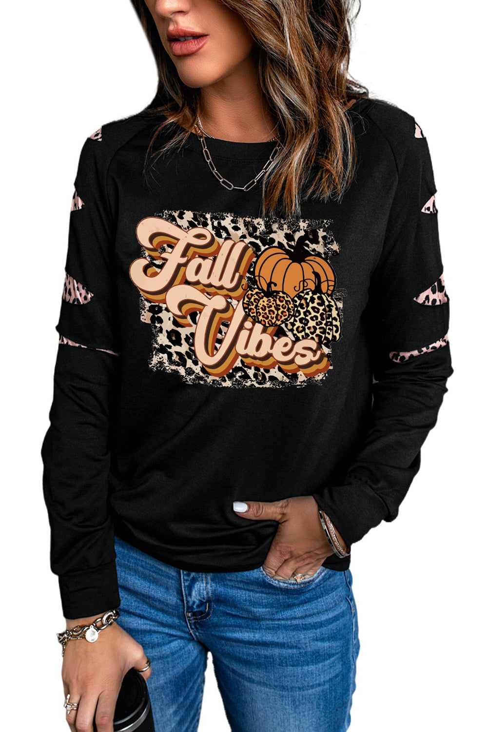 American Cactus Ripped Leopard Sleeve Top