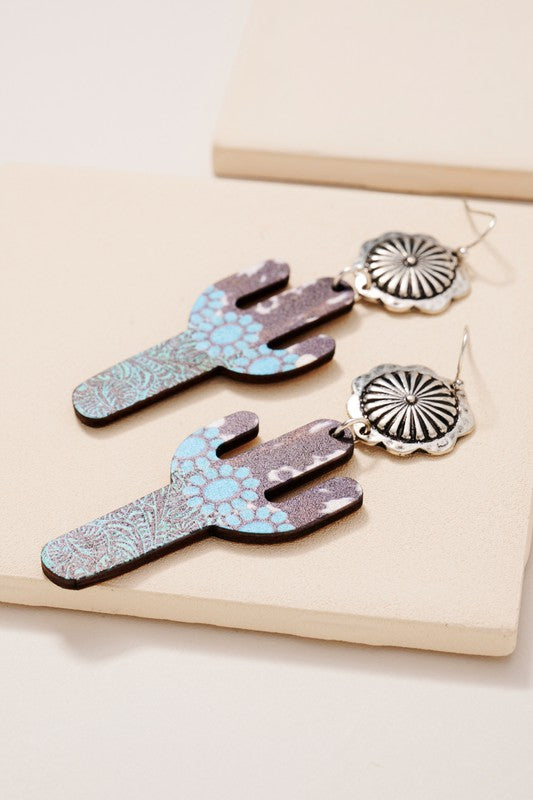 Western Cactus Wood Dangling Earrings