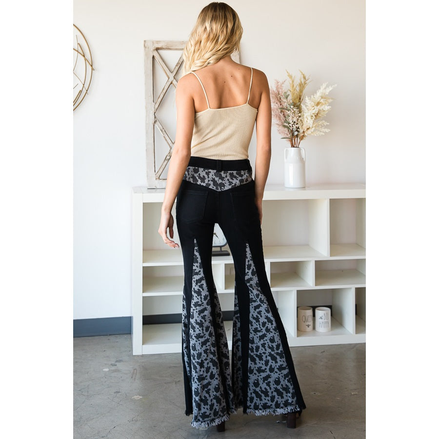 Cow Print Mixed Bell Bottom Pants