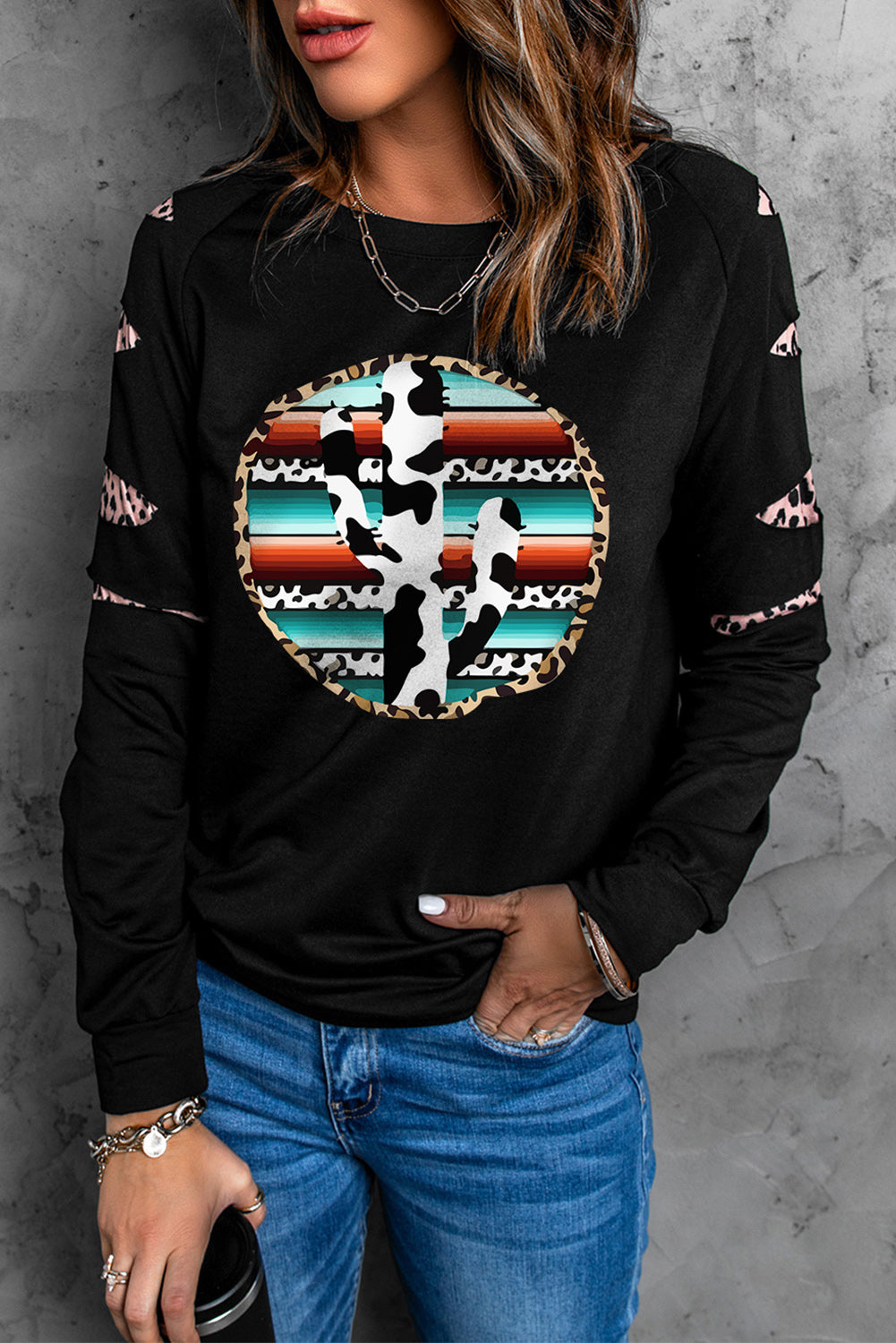 American Cactus Ripped Leopard Sleeve Top