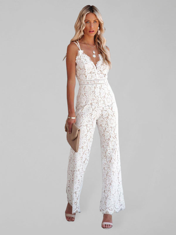 Women's Solid Color V-neck Straps Lace Jumpsuit