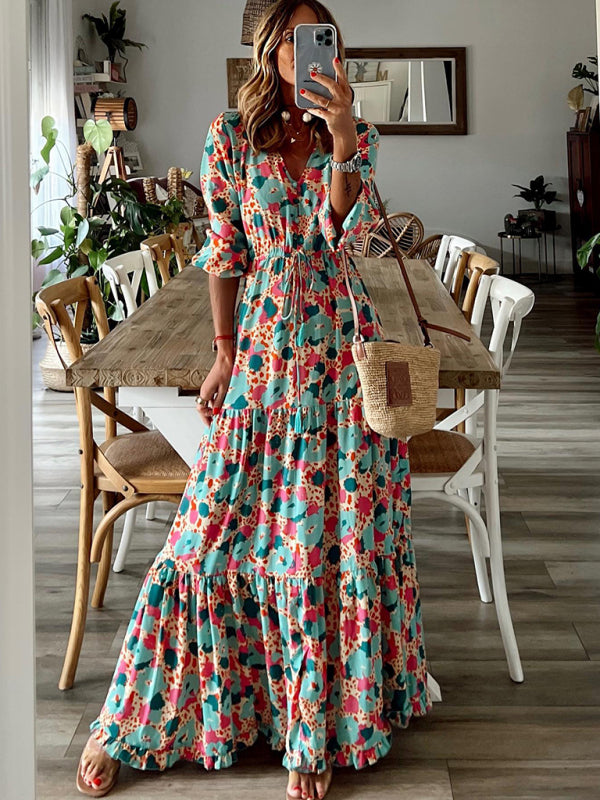 Women's Floral Print Tiered Puff Ruffle Sleeve Maxi Dress