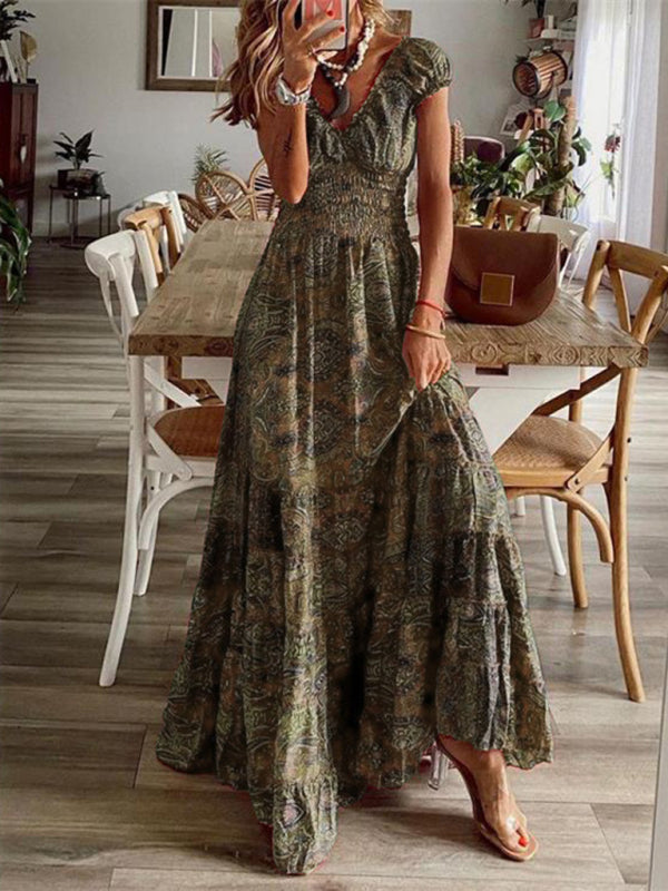 Women's Floral Puff Sleeve V-Neck Maxi Dress