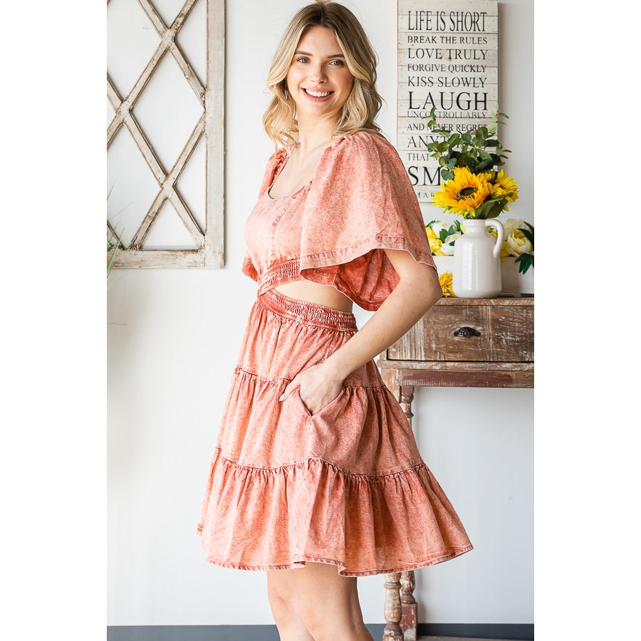Washed Cross Cut Out Tiered Mini Dress