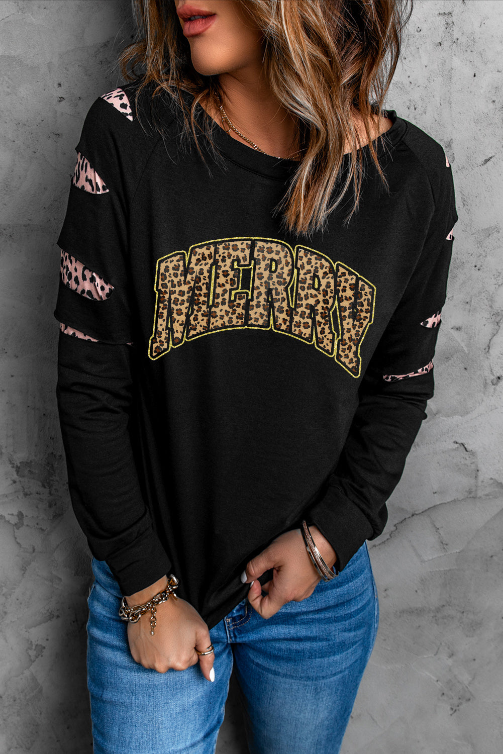 American Cactus Ripped Leopard Sleeve Top