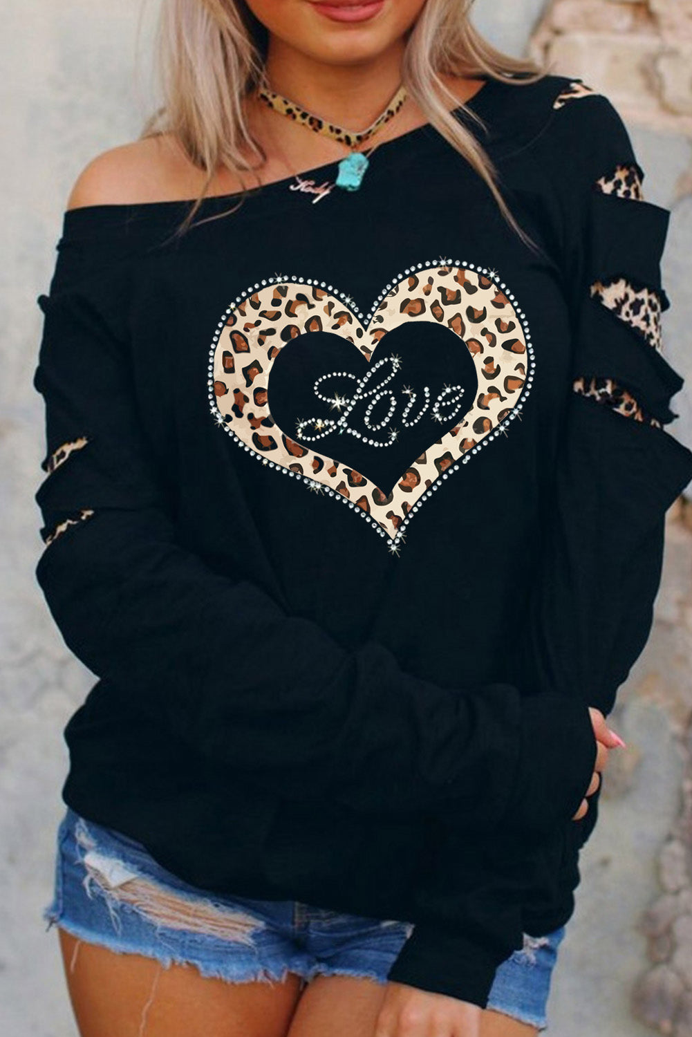 American Cactus Ripped Leopard Sleeve Top