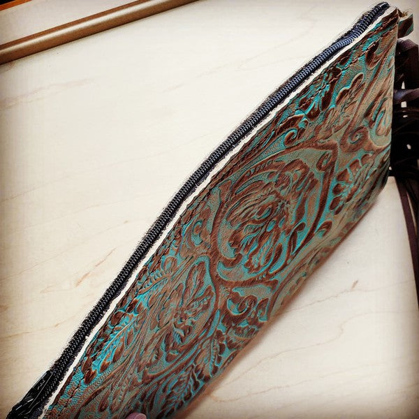Embossed Cowboy Turquoise Leather Clutch