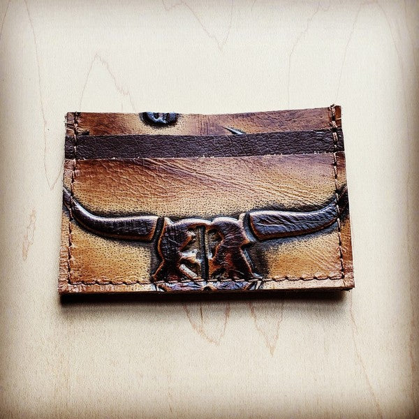 Embossed Leather Credit Card Holder Brown Steer