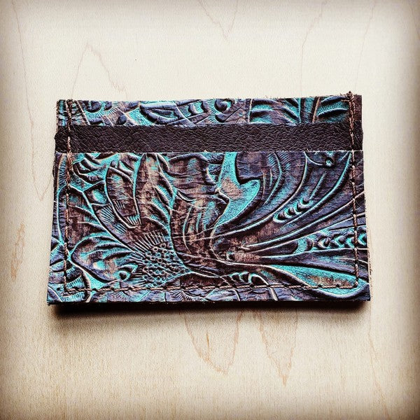 Leather Credit Card Holder Turquoise Brown Floral