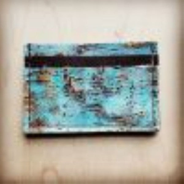 Leather Credit Card Holder Turquoise Metallic