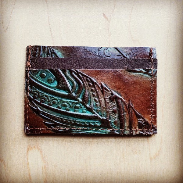 Leather Credit Card Holder Turquoise Feather