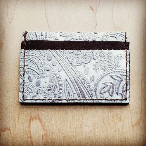 Embossed Leather Credit Card Holder Oyster Paisley