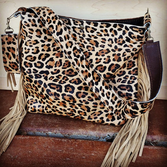 Tejas Leather Bucket Leopard bag with Tan Fringe