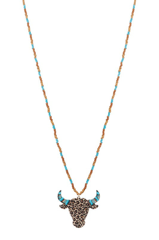 Wooden Bull Head Charm Necklace