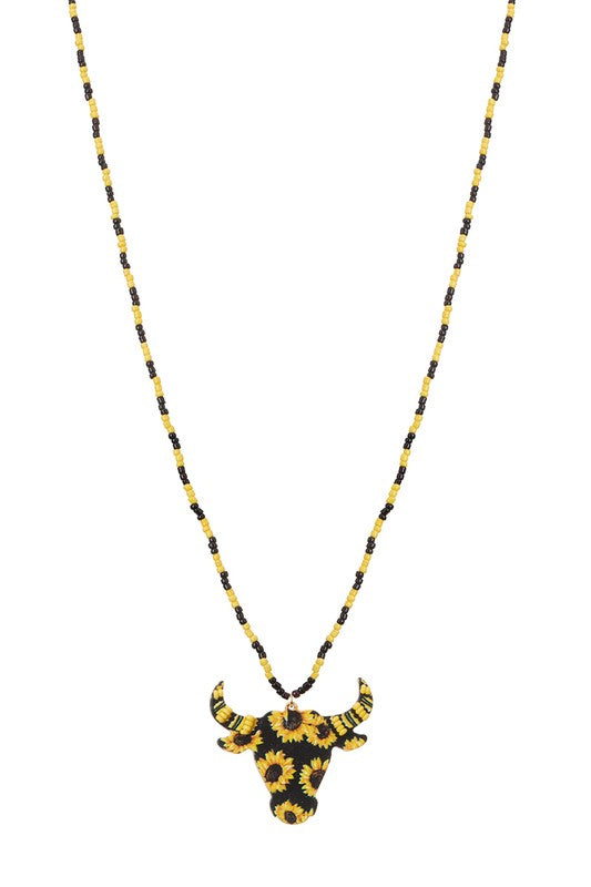 Wooden Bull Head Charm Necklace