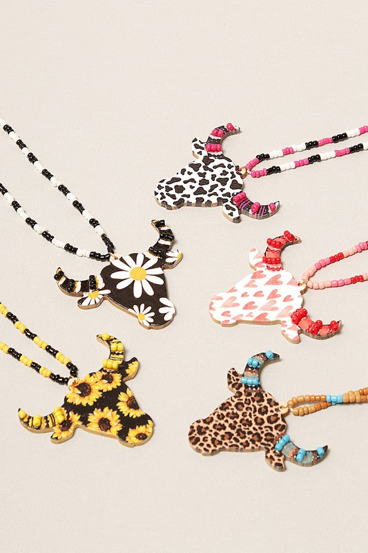 Wooden Bull Head Charm Necklace